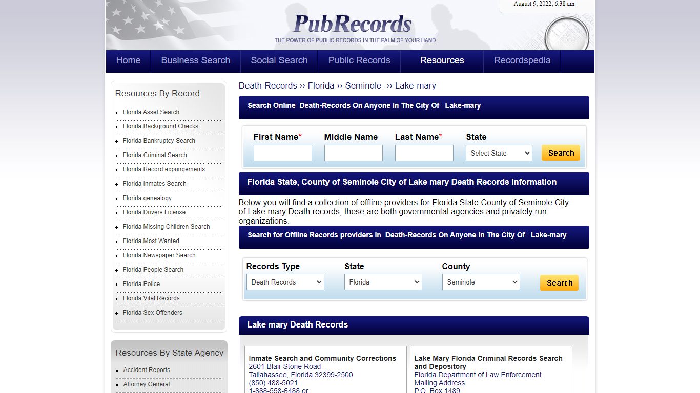 Lake mary, Seminole County, Florida Death Records