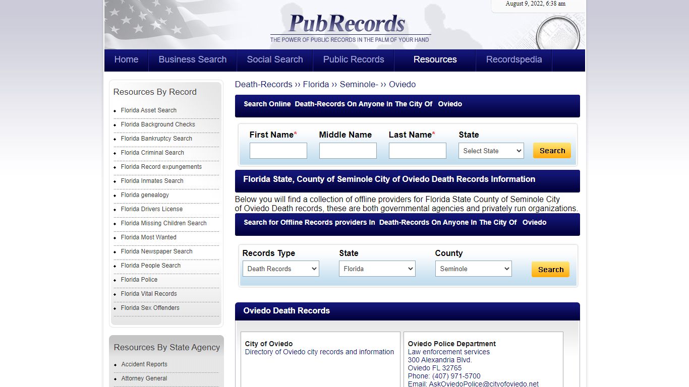 Oviedo, Seminole County, Florida Death Records